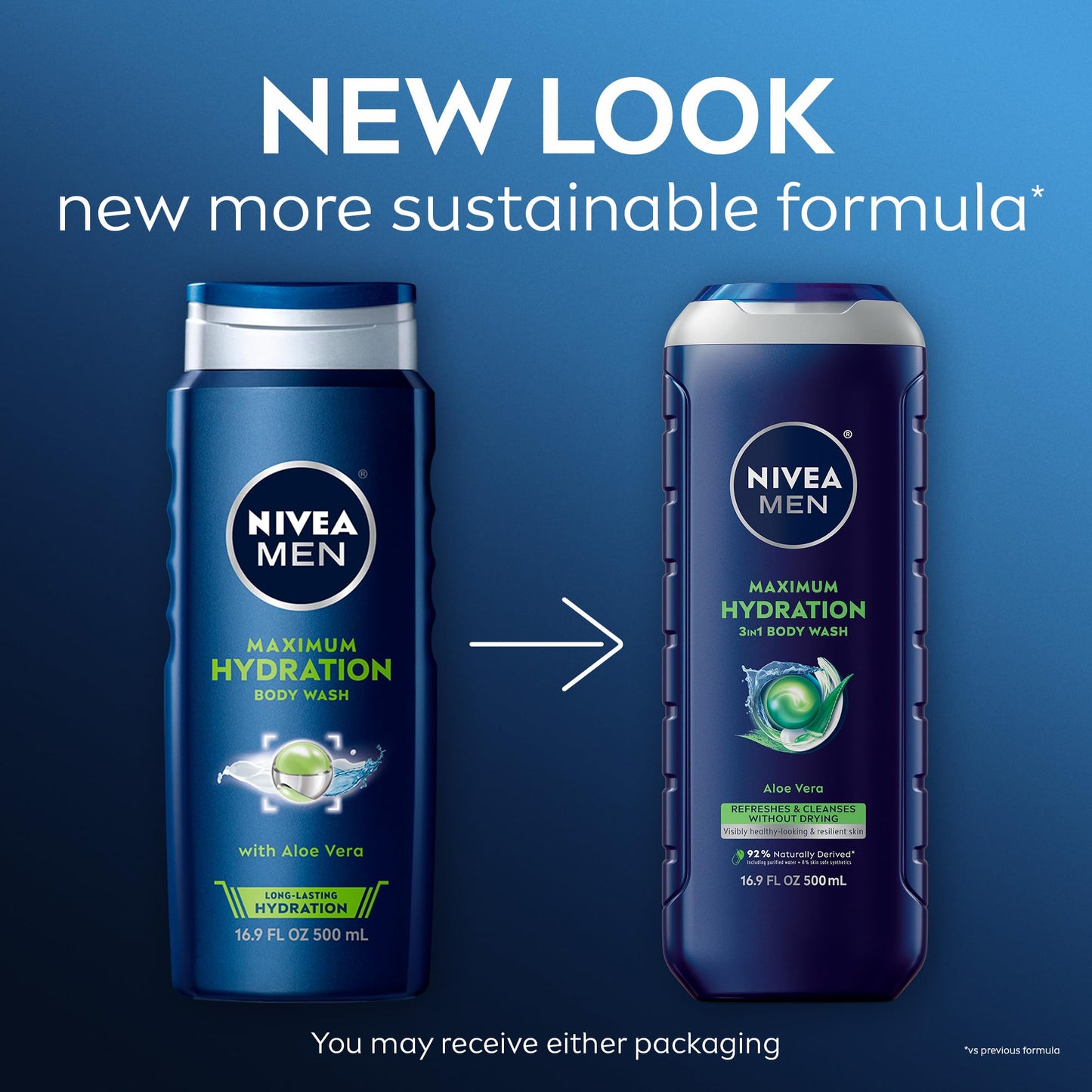 NIVEA MEN Maximum Hydration Body Wash for Dry Skin, Aloe Vera Enriched, 3-in-1 Moisturizing Body Wash, Face and Hair, Paraben Free, Vegan Formula, 16.9 Fl Oz Bottle