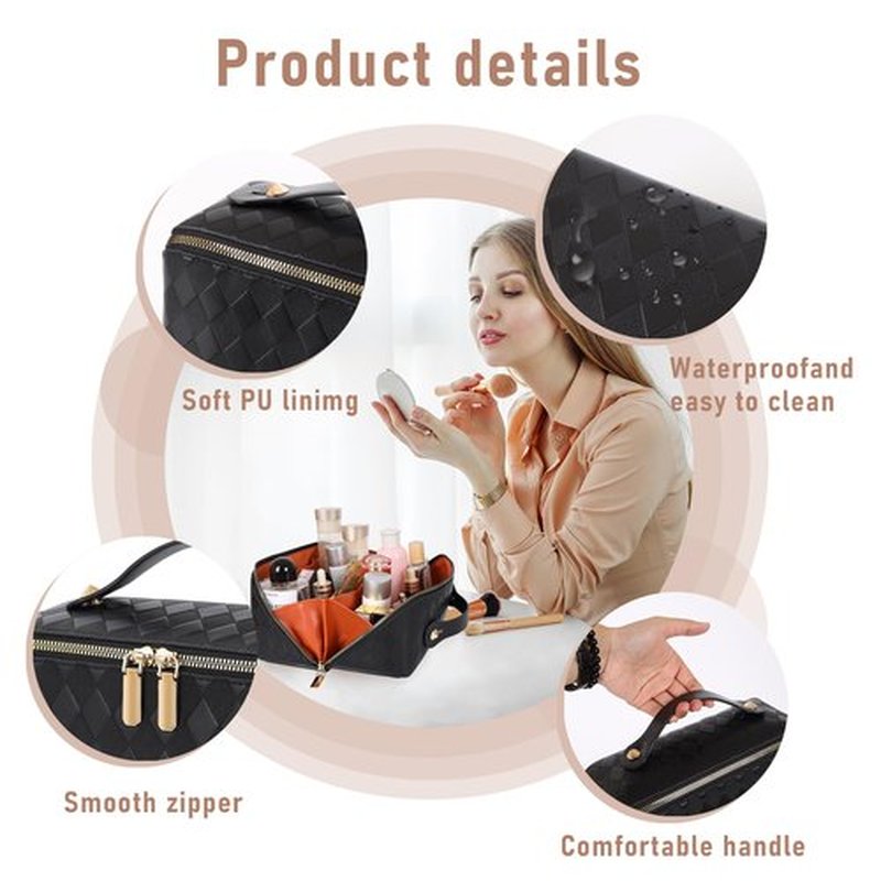 ALEXTINA Travel Makeup Bag,Large Capacity Vegan Leather Cosmetic Bags for Women,Waterproof Portable Pouch Open Flat Toiletry Bag Make up Organizer with Fixed Divider