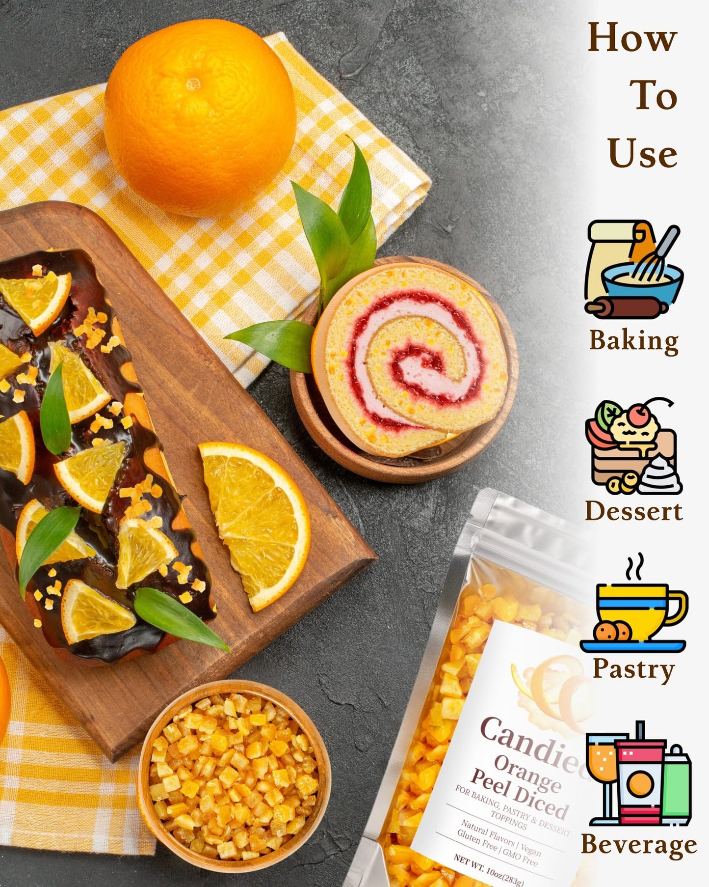 10oz Natural Candied Fruit, Orange Peel Cubes for Baking, Desserts, Garnish