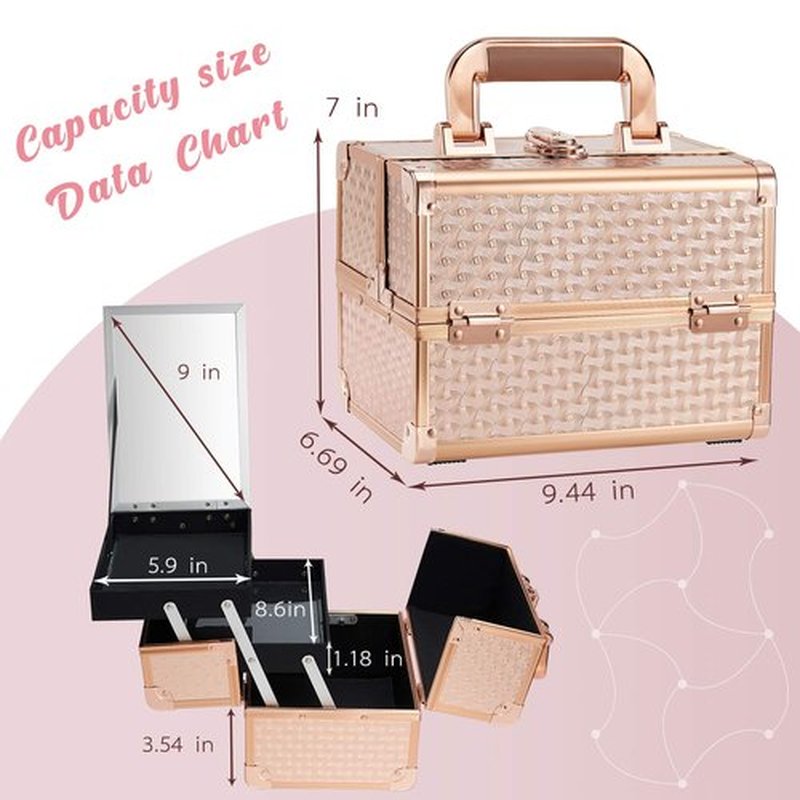 Joligrace Beauty Makeup Train Case for Lady Portable Cosmetic Box Jewelry Organizer Lockable with Keys and Mirror 2-Tier Trays Carrying with Handle Makeup Storage Box - Rose Gold