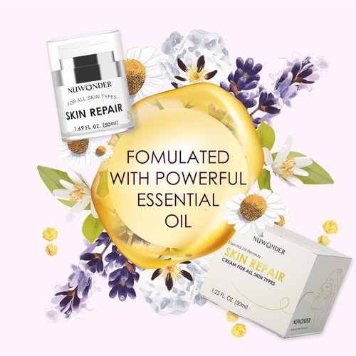 Natural SKIN REPAIR. Clinically tested Aromatherapy. Powerful Essential Oil. Eczema, Dermatitis, Diaper rash, and Sensitive skin. For all skin types. Hypoallergenic, Vegan, Paraben Free. 50ml bottle