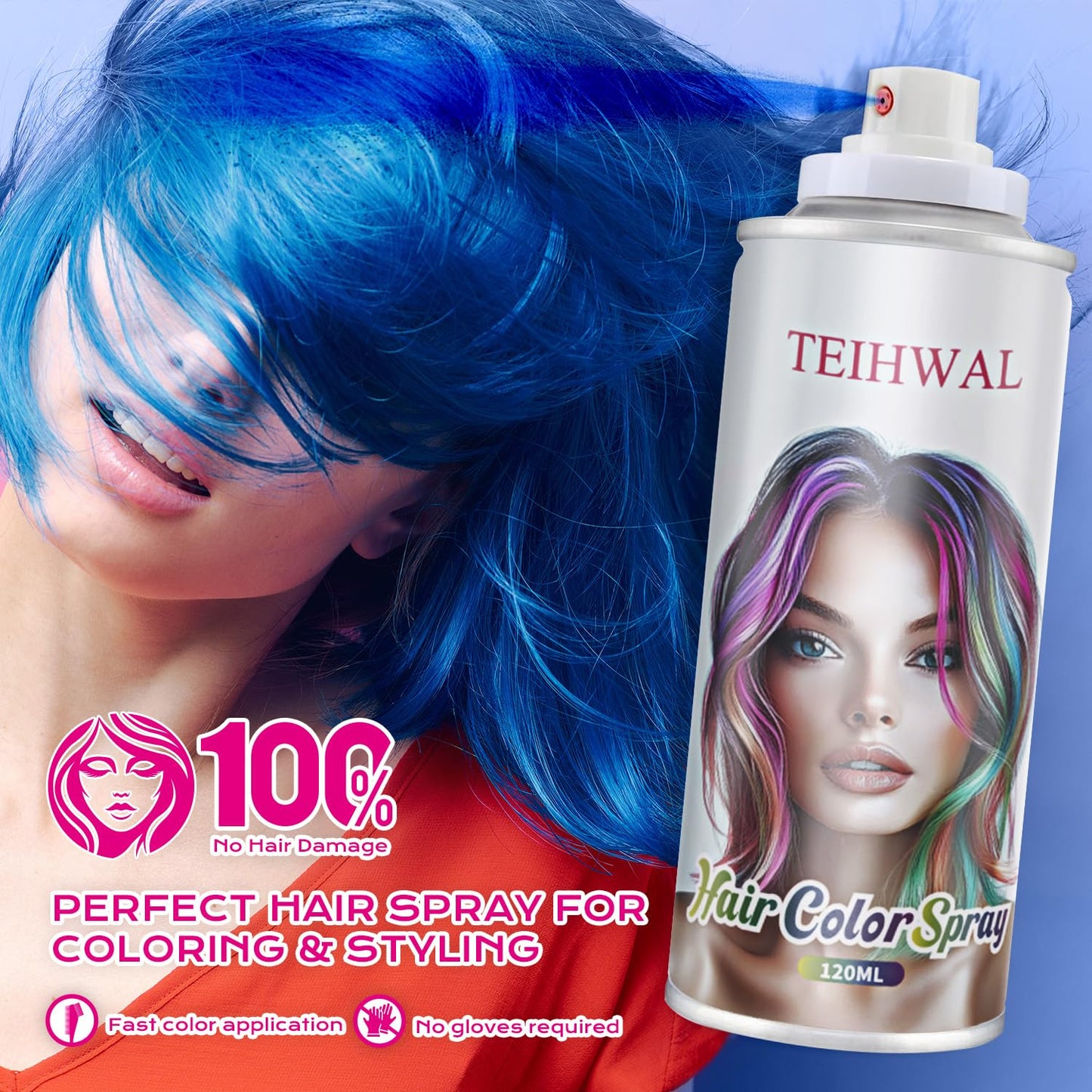 TEIHWAL Temporary Hair Color Spray Blue Hair Spray,1-Day Washable Hair Dye for Kids,Natural Style for Christmas Halloween Cosplay Party-Blue