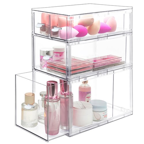 Homecor Stackable Storage Drawers Set of 4, Wide Bathroom Makeup Organizer,Bathroom Organizers and Storage, Clear Cosmetic Storage Box For Vanity, Skincare, Undersink, Kitchen Organization (L+M+2S)