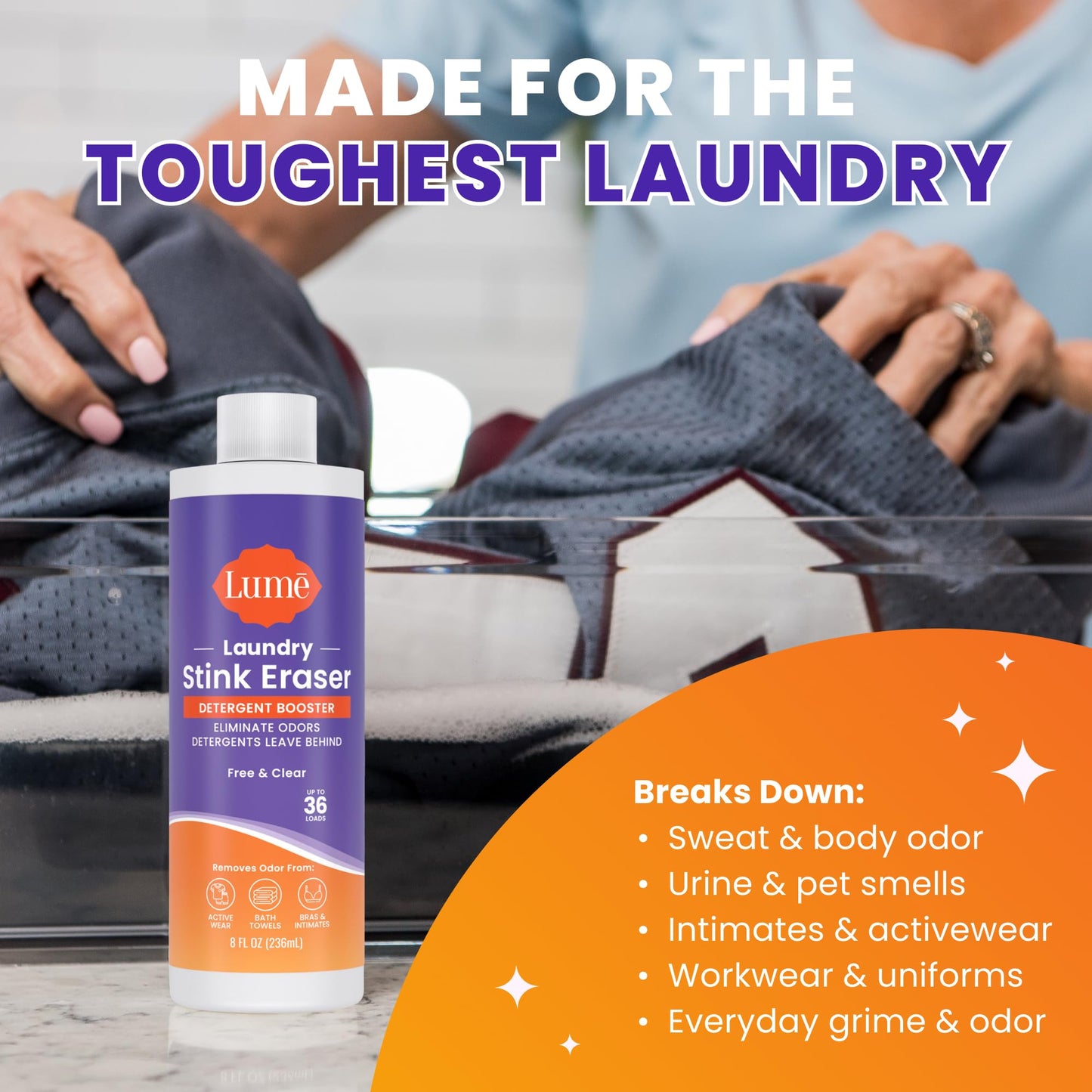 Lume Laundry Stink & Stain Eraser - Detergent Booster & Sink Soak - Eliminates Body Odor In Clothes - Odor Blasting Enzyme Blend - Make Your Detergent Work Better - Free & Clear - 8 fl oz (2 Pack)