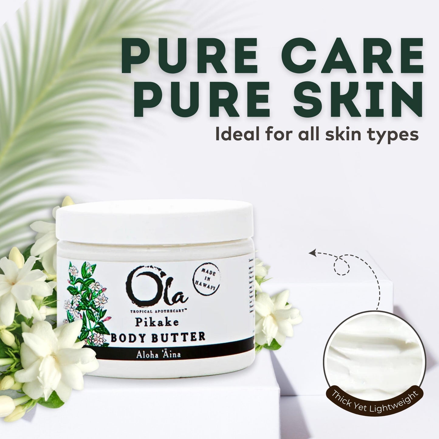 Tropical Apothecary OLA Pikake Body Butter - Nourishing Cream with Organic Coconut Oil, Macadamia Nut and Avocado Butter - Ideal for Dry Skin - 2.1oz