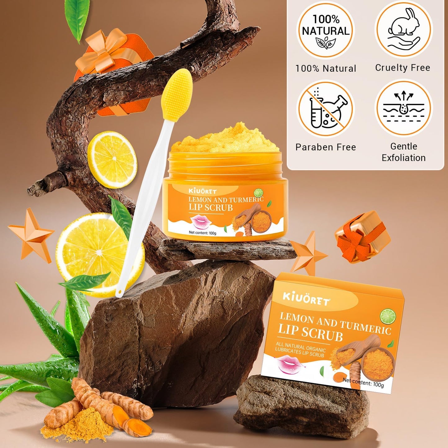 Lemon Turmeric Lip Scrub with Brush Set - lip Scrubber Exfoliator for Dark, Dry, Chapped LiPs, Reduce Fine Lines - Hydrating Moisturizing Lip Care for Instantly Smooth, Soft Lips