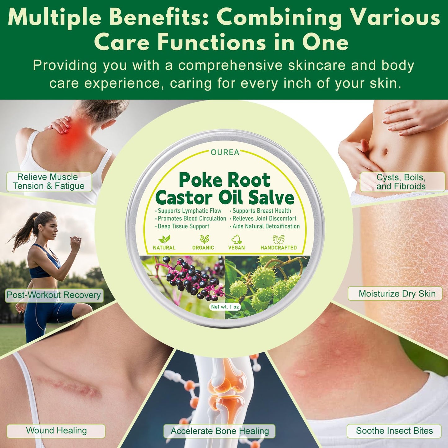 Poke Root Castor Oil Salve, Organic Lymphatic Support Massage Balm, Deep Tissue Ointment for Cyst, Boils, Breast, Fibroids, Swollen Lymph Nodes & Joint, Natural, Vegan - 1 Oz
