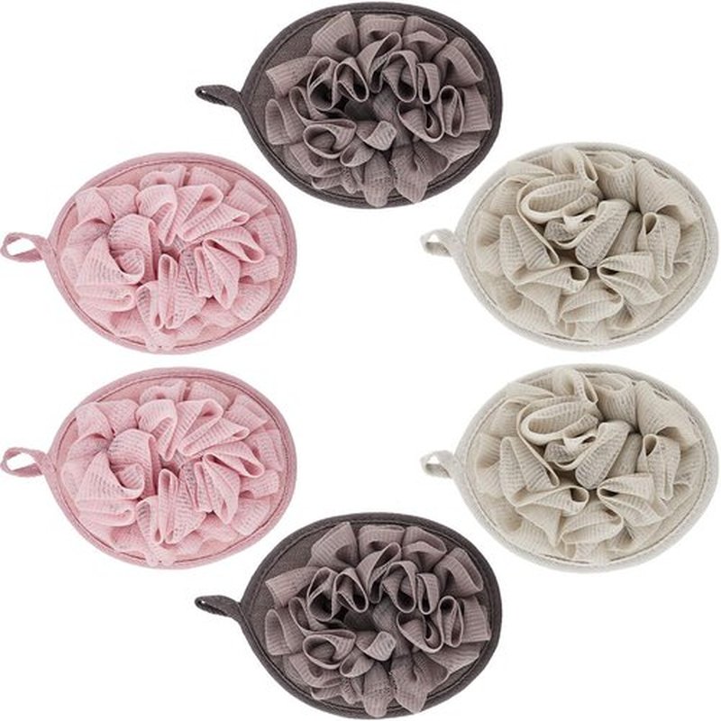 Boao 6 Pieces Bath Shower Pouf Sponge Mesh Pouf Shower Ball Exfoliating Body Sponge Pad Shower Scrubber Ball Shower Glove with Flower Bath Ball (Khaki, Coffee, Pink)