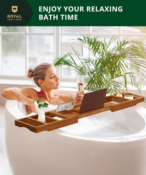 ROYAL CRAFT WOOD Premium Foldable Bathtub Tray - Wood Bath Tray for Tub, Bamboo Bathtub Shelf, Expandable Bath Table Tray, Luxury Bathtub & Bathroom Accessories for New Home & Unique Gift for Women