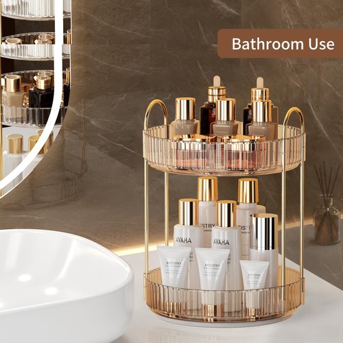 YCIA&DONE 360 Rotating Makeup Organizer and Storage for Vanity Countertop 2 Tiers, High Capacity Cosmetic Skincare Perfume Organizer for Dresser Bathroom Lazy Susan Organizer(Amber Gold)