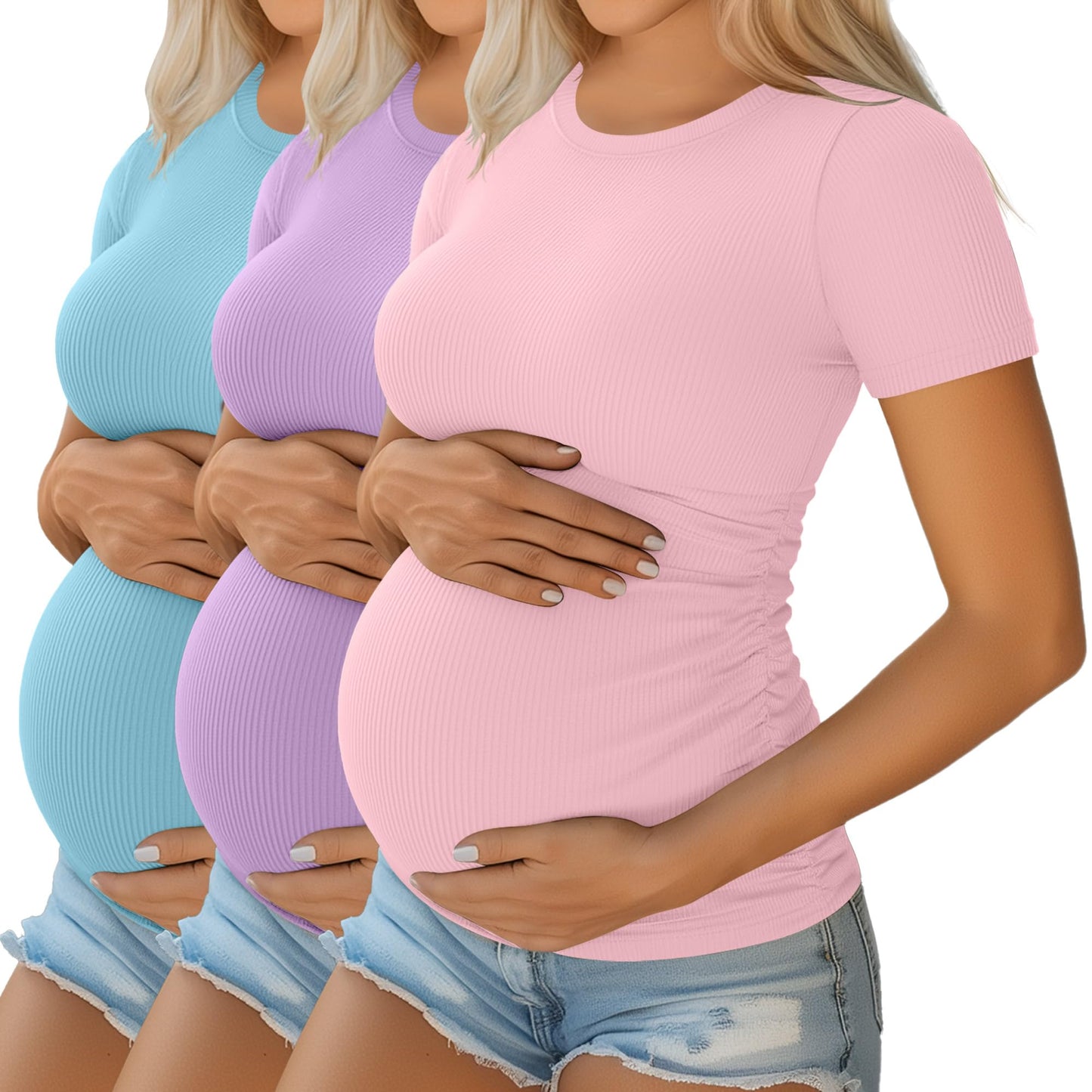 Ficerd 3 Pack Maternity Shirts for Women, Cotton Ribbed Pregnancy Tops Short Sleeve Side Ruched Summer Casual Mama Clothes(Medium,Light Sky Blue, Light Purple, Light Pink)