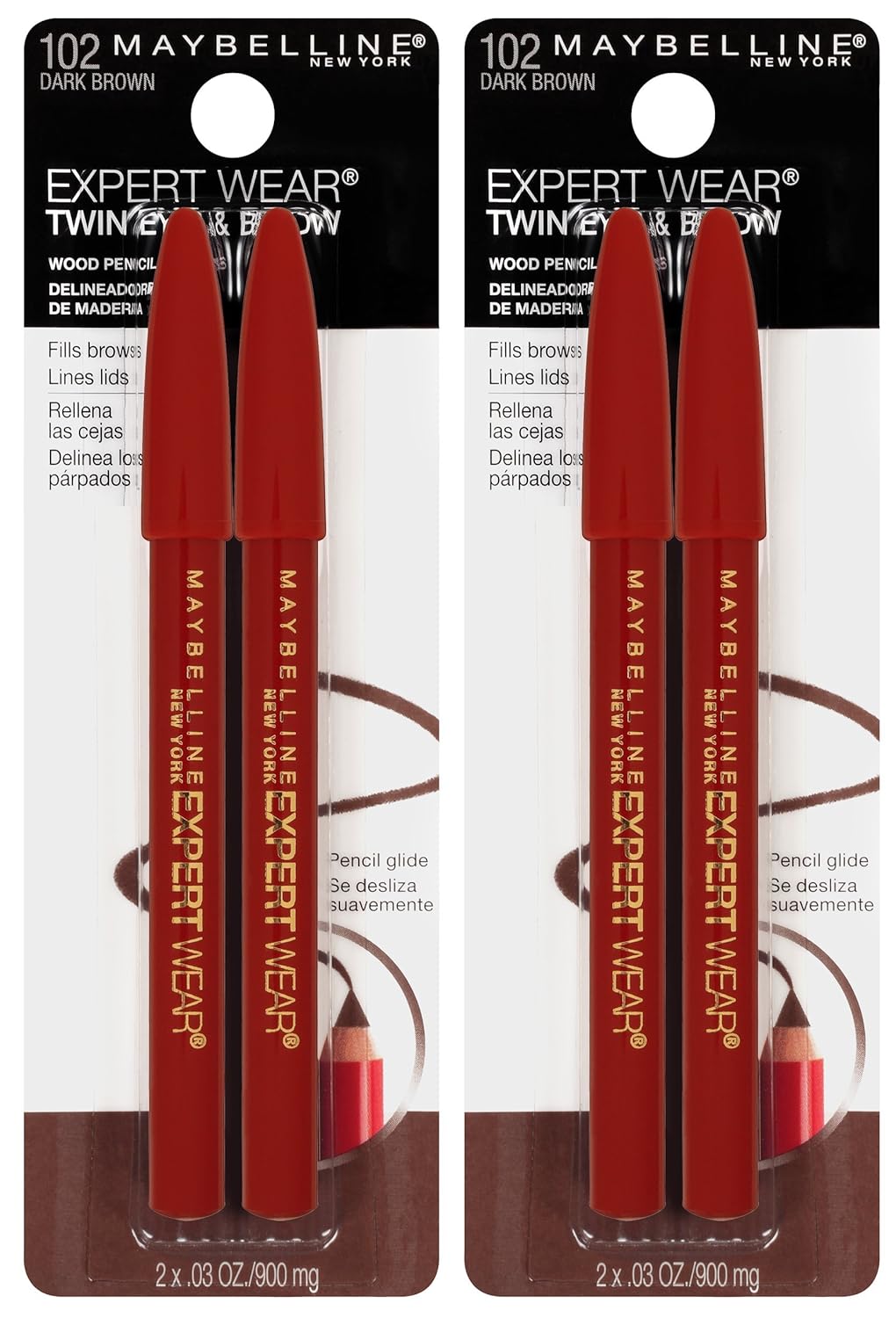 Maybelline Expert Eyes Twin Brow & Eye Pencil, Dark Brown [102], 0.06 oz (Pack of 6)
