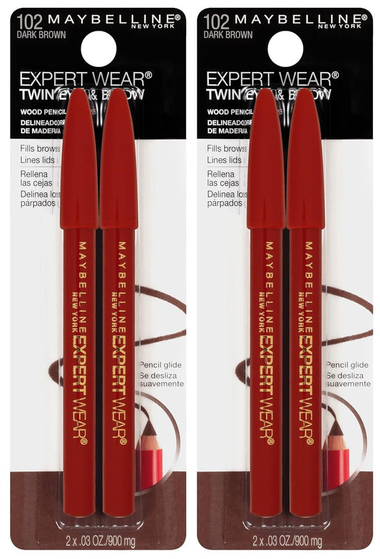 Maybelline Expert Eyes Twin Brow & Eye Pencil, Dark Brown [102], 0.06 oz (Pack of 6)