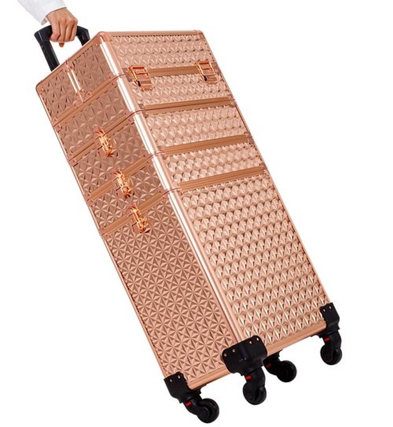 AROUS 5 in 1 Professional Makeup Train Case Aluminum Cosmetic Case Rolling Makeup Case Extra Large Trolley Makeup Travel Organizer, with 360° Swivel Wheels, Gold