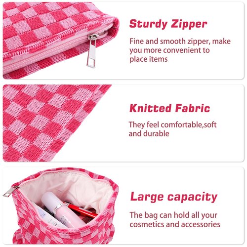 ZLFSRQ 3Pcs Checkered Makeup Bag for Women Large Cosmetic Bag Set Travel Toiletry Bag Makeup Pouch Bag for Purse Pink Zipper Storage Bag Organizer Cute Small Aesthetic Girls Car Essentials Bag
