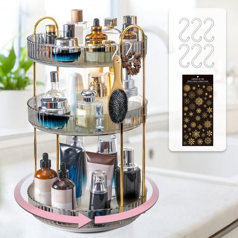 Makeup Organizer for Vanity,Rotating Bathroom Counter Organizer Skincare Makeup Storage Perfume Organizers Cosmetic Dresser Organizer Countertop Organizer with Extra Hooks DIY Stickers for Bathroom