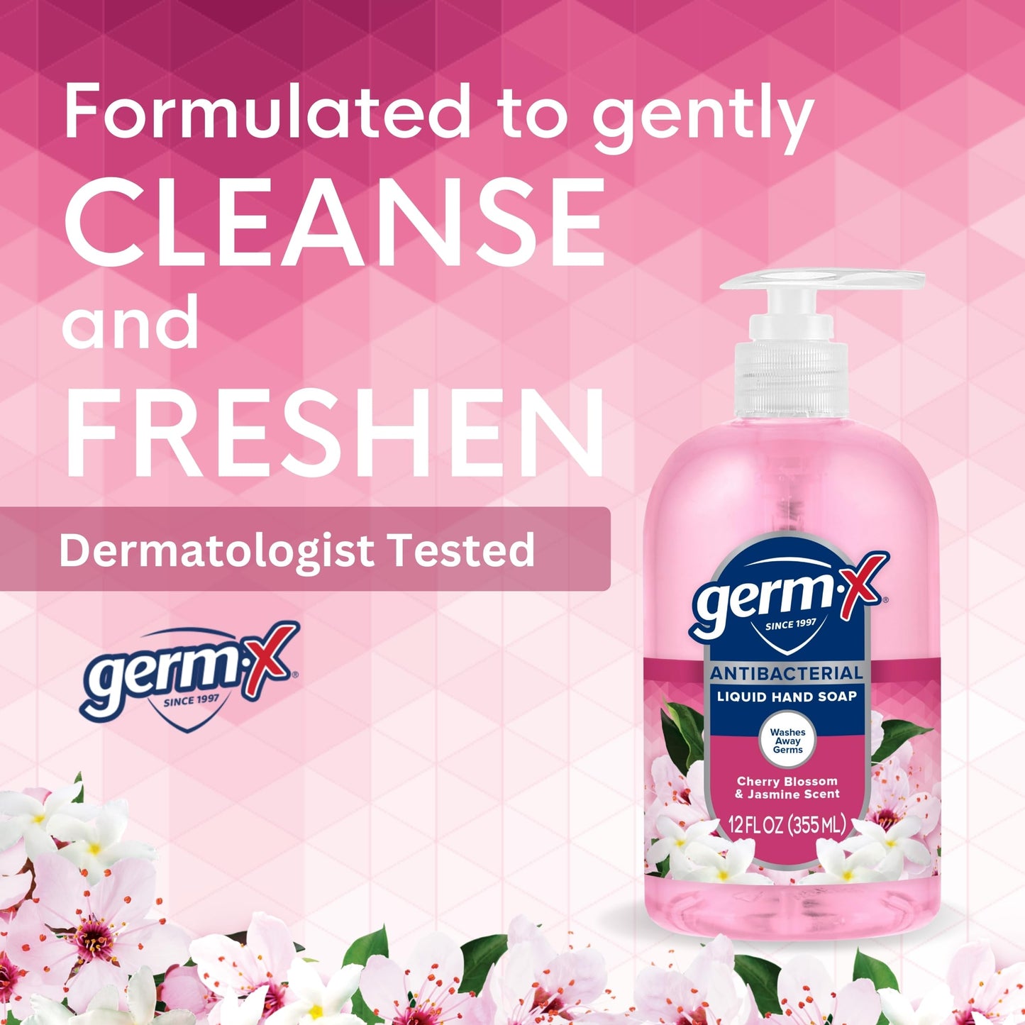 Germ-X Antibacterial Hand Soap, 12 Oz (Pack 4), Moisturizing Liquid Hand Wash for Kitchen or Bathroom, pH Balanced & Dermatologist Tested, Jasmine & Cherry Blossom Scent, Pump Bottle