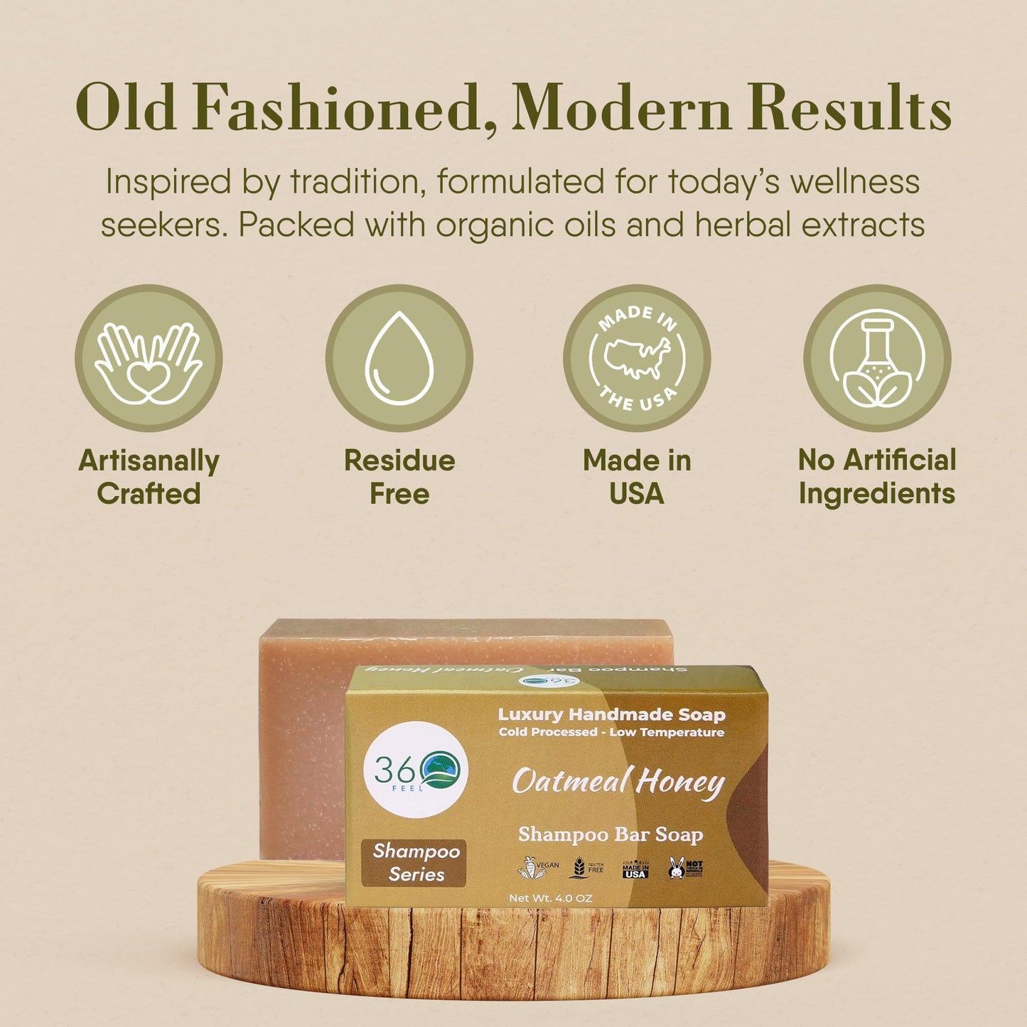 360Feel Oatmeal Honey Shampoo Bar - Nourishing and Moisturizing Anti-Dandruff Oatmeal Soap Bar - Handmade with Essential Oils - Travel Friendly and Compact - Zero Harsh Additives - 3.5 Ounce