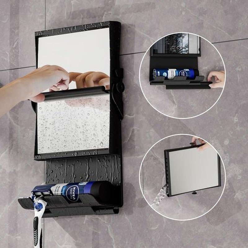 APLOP Shower Mirror Fogless and Shower Hook - Dual-Sided 1X/3X Magnification, Anti-Fog Shaving Mirror with Squeegee, Rust-Proof, Black