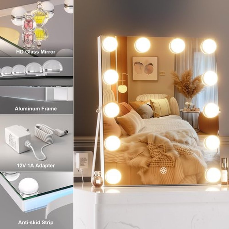 Hasipu Vanity Mirror with Lights, 11.4" x 13.8" Hollywood Mirror, Makeup Mirror with 12 Dimmable Bulbs and 10X Magnification, 3 Colors Modes, Touch Control, 360° Rotation, White