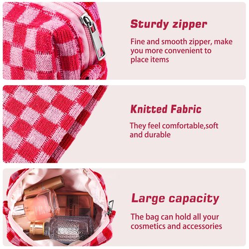 ZLFSRQ 2Pcs Checkered Makeup Bag for Women Large Capacity Cosmetic Bag Set Travel Makeup Pouch for Purse Zipper Toiletry Organizer Cute Y2K Aesthetic Trendy Makeup Brushes Storage Bag(Pink/Brown)