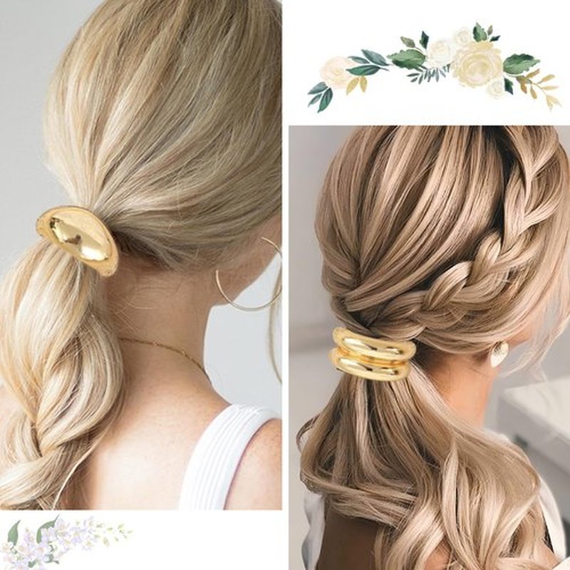 Metal Ponytails Hair Cuffs Gold & Silver Metal Hair Ties, Gold Metal Geometric Elastic Hair Ties, Fashion Glossy Arch Ponytail Hair Tie for Women Hair Accessories 4PCS