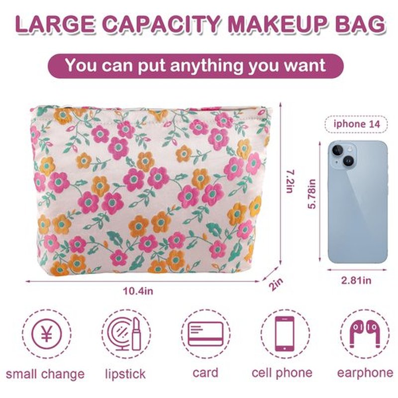 ZLFSRQ Daisy Flower Makeup Bag Travel Cute Floral Cosmetic Bags for Women Large Makeup Pouch Zipper Cosmetic Pouch for Purse Aesthetic Makeup Organizer Bag Portable Toiletry Bag (Orange and Pink)