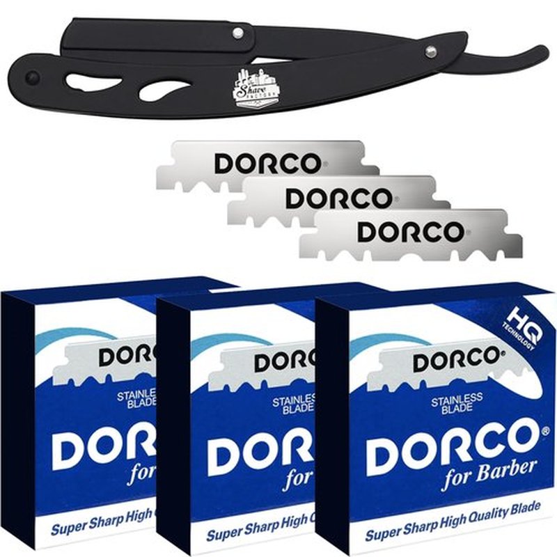 The Shave Factory Straight Edge Razor Kit (Black / 300 Dorco Single Edge Razor Blades Blue)