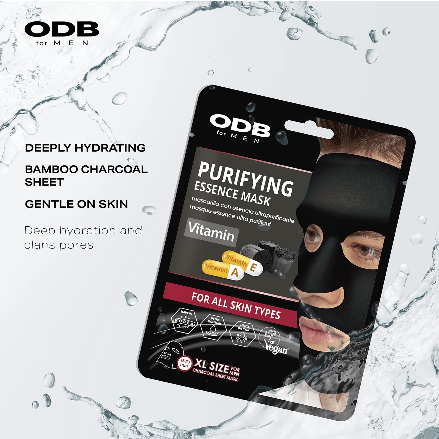 ORIGINAL DERMA BEAUTY ODB for MEN Charcoal Essence Sheet Mask Mens Skin Care Kit Bulk Face Masks Skincare (12PK Aloe & Vitamin - For Beard)