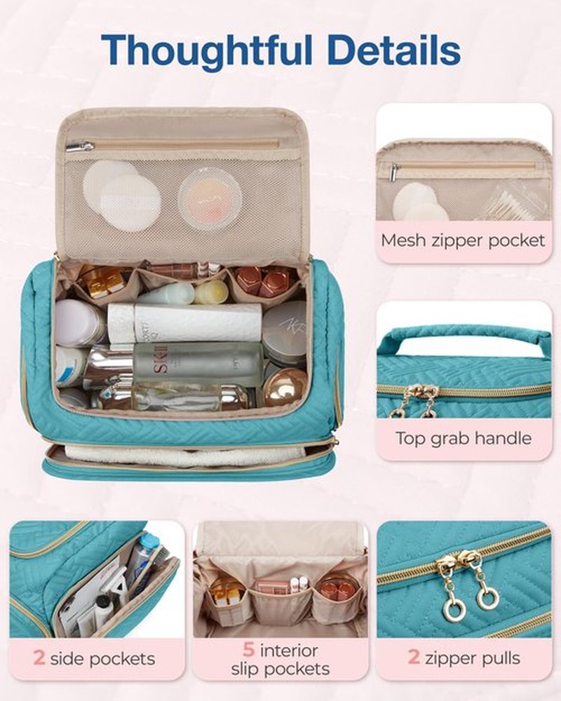 BAGSMART Travel Toiletry Bag, Large Wide-open Travel Bag for Toiletries, Makeup Cosmetic Travel Bag with Handle, Blue-Large