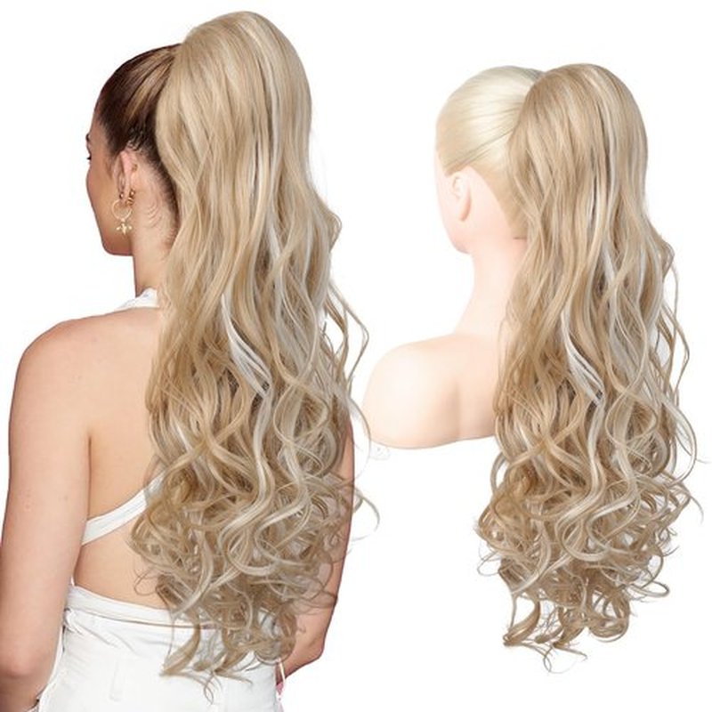 Ponytail Extension, Behufun Long Wavy Drawstring Ponytail 26" Clip in Hair Extensions Ponytail Fake Pony Tails Hair Extensions Natural Soft Heat Resistant Light Blonde White Blonde Highlights