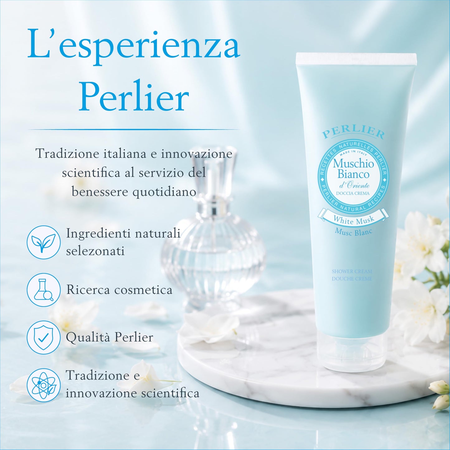 Perlier: "Muschio Bianco d'Oriente" Shower Cream, White Musk Scent 8.4 Fluid Ounces (250mL) Tube [ Italian Import ]