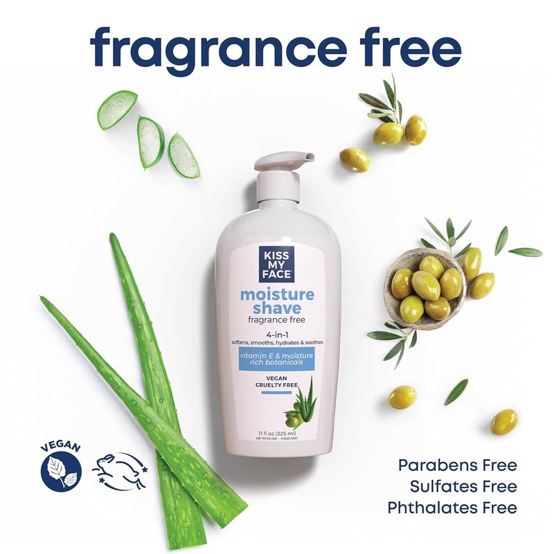 Kiss My Face Fragrance-Free Moisture Shave Cream - 4-in-1 Formula with Olive Oil & Aloe | 11 fl Oz Pump Bottle