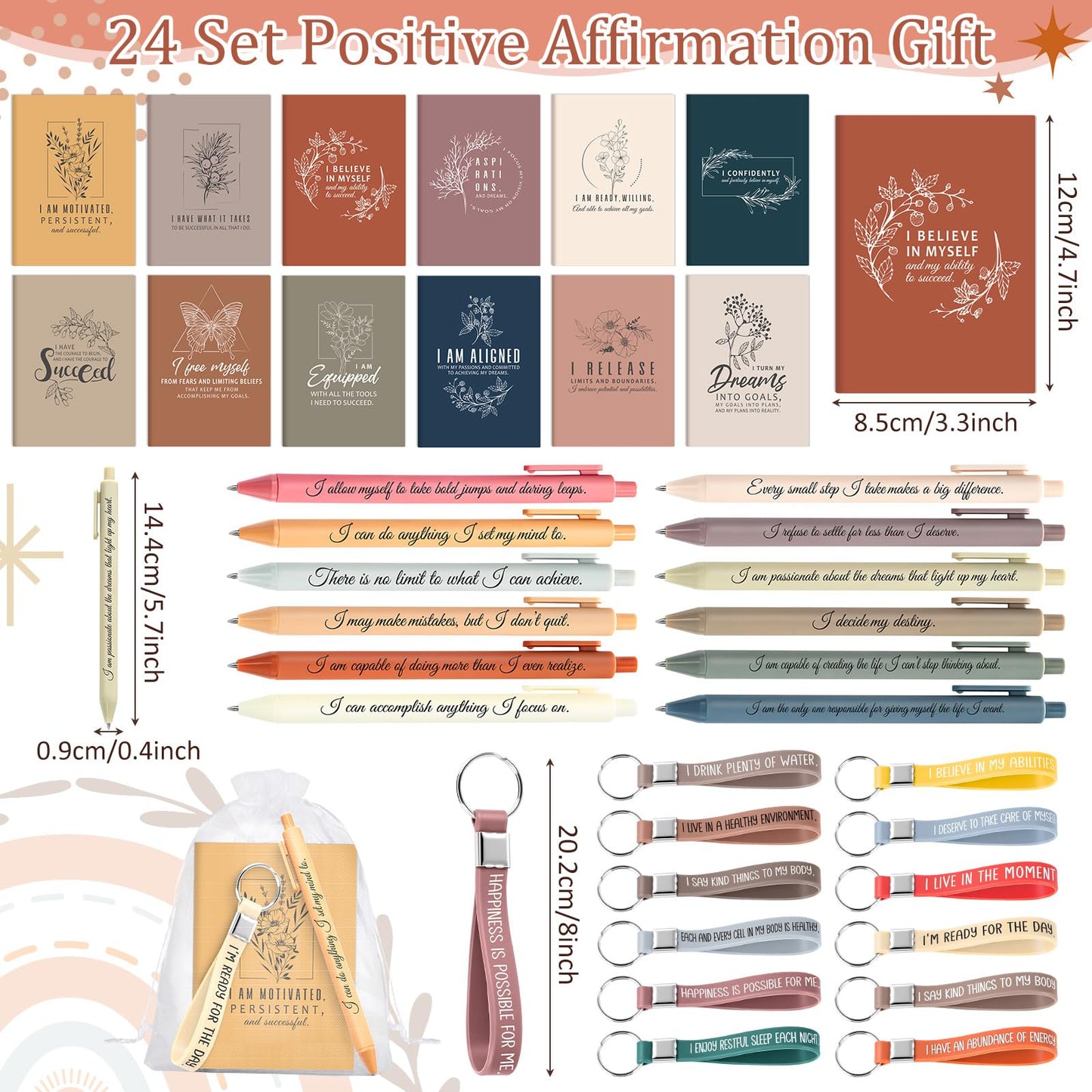 Mooliwe 24 Set Positive Affirmation Gift Set Gratitude Notebooks with Pens Keychains Small Bags Motivational Party Favors for Adult Women Coworkers Employee Group (Vibrant)