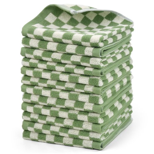 Wash Cloths Super Soft (Green Checkered), Wash Clothes 12 Pack Cotton Face Cloths for Washing Face Showering 13x13 Inches, Chrsitmas Gifts