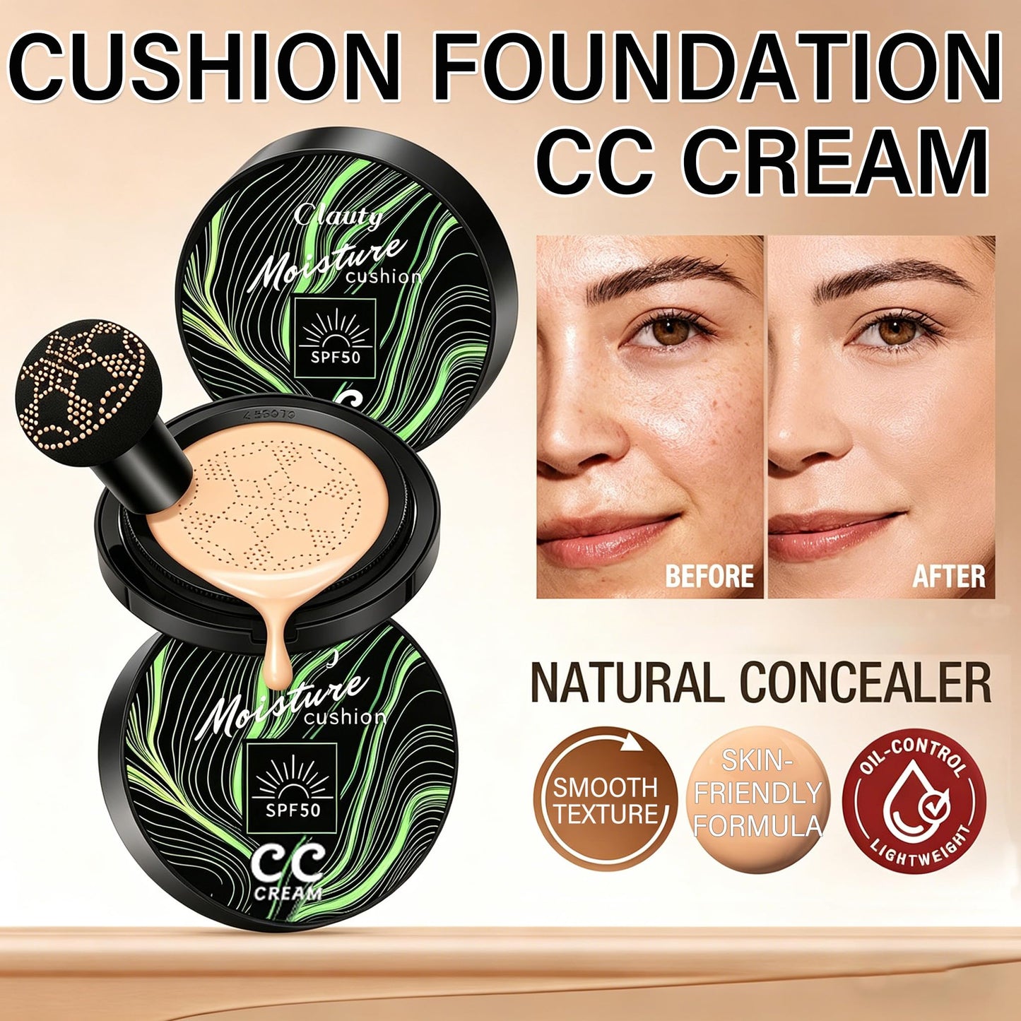 Cushion Foundation Air Cushion CC Cream - Natural Finish, Buildable Coverage Foundation, Even Skin Tone, Tattoo cover up, Moisturizing Concealer Cream Foundation Makeup (Buff Beige)