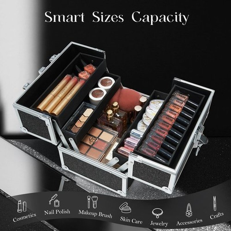 FRENESSA Makeup Organizer Case Portable Train Case Cosmetic Box 4 Trays Makeup Storage Case with Lockable for Women Makeup Artist, Makeup Tools, Nail Kits Makeup Travel Case Black