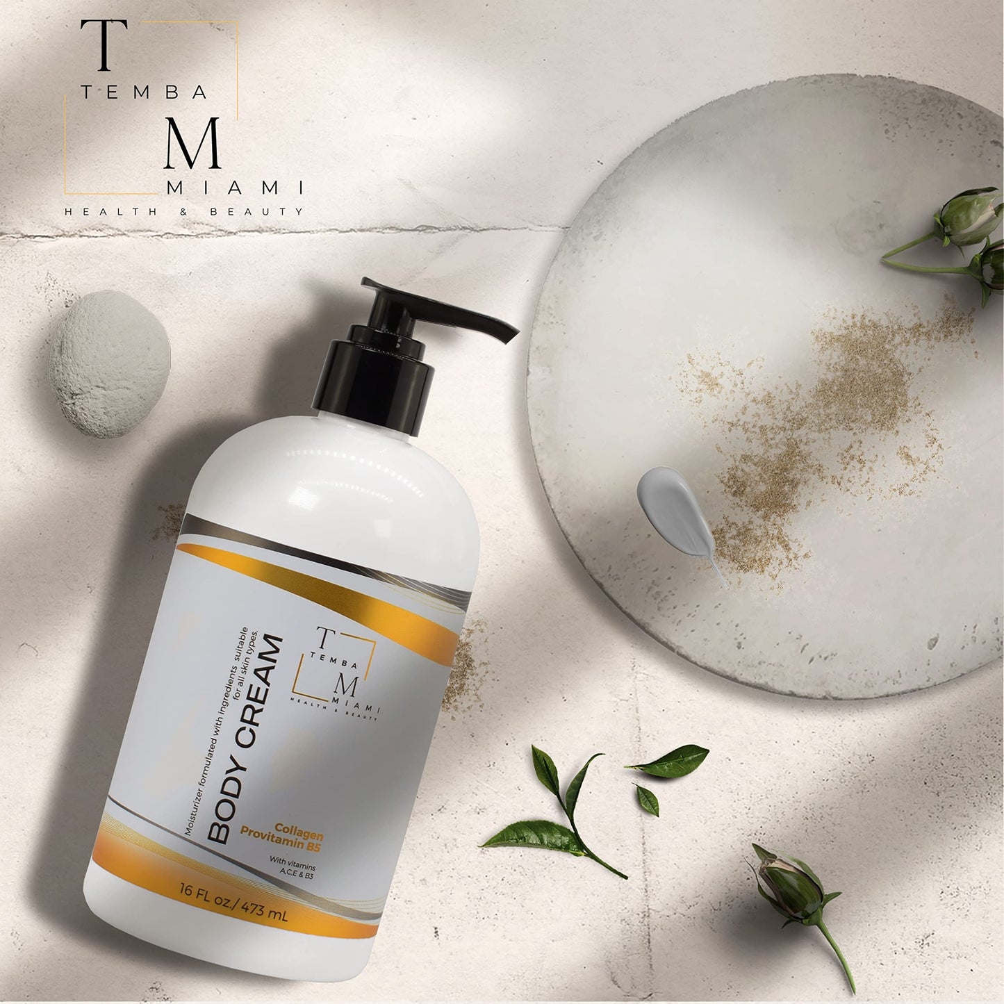 TEMBA MIAMI BODY & HAND CREAM Moisturizer, ANTI-AGING Body Cream, Non Greasy For ALL SKIN TYPES, With COLLAGEN & SHEA BUTTER, White, 16 Oz.