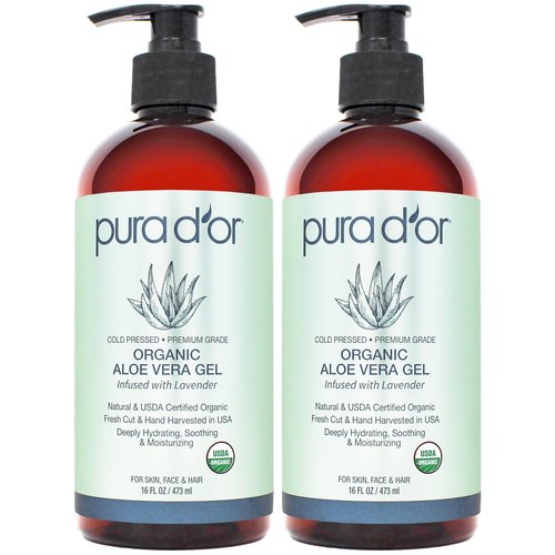 PURA D'OR ORGANIC Aloe Vera Gel Lavender (16 Oz X 2) All Natural - ZERO Artificial Preservatives - Deeply Hydrating & Moisturizing - Sunburn, Bug Bites, Rashes, Small Cuts, Eczema Relief - Skin & Hair