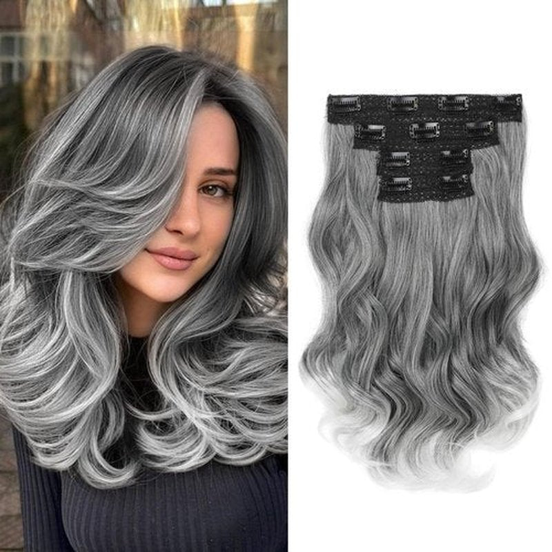 HOOJIH Hair Extensions, Clip in Hair Extensions 4PCS Hair Extension 14" Short Curly Clip on Hair Extensions Invisible Lace Weft Natural Soft Hairpieces for Women - Grey with White Ends