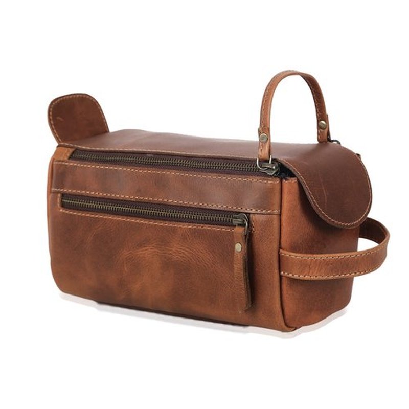 KomalC Premium Buffalo Leather Unisex Toiletry Bag Travel Dopp Kit (Distressed Orange Tan)