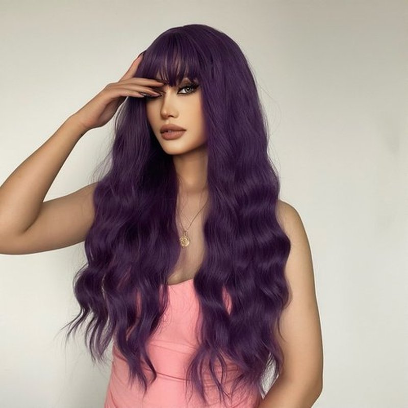 MAGQOO Dark Purple Wig Women Long Curly Wavy Purple Wig with Bangs Synthetic Heat Resistant