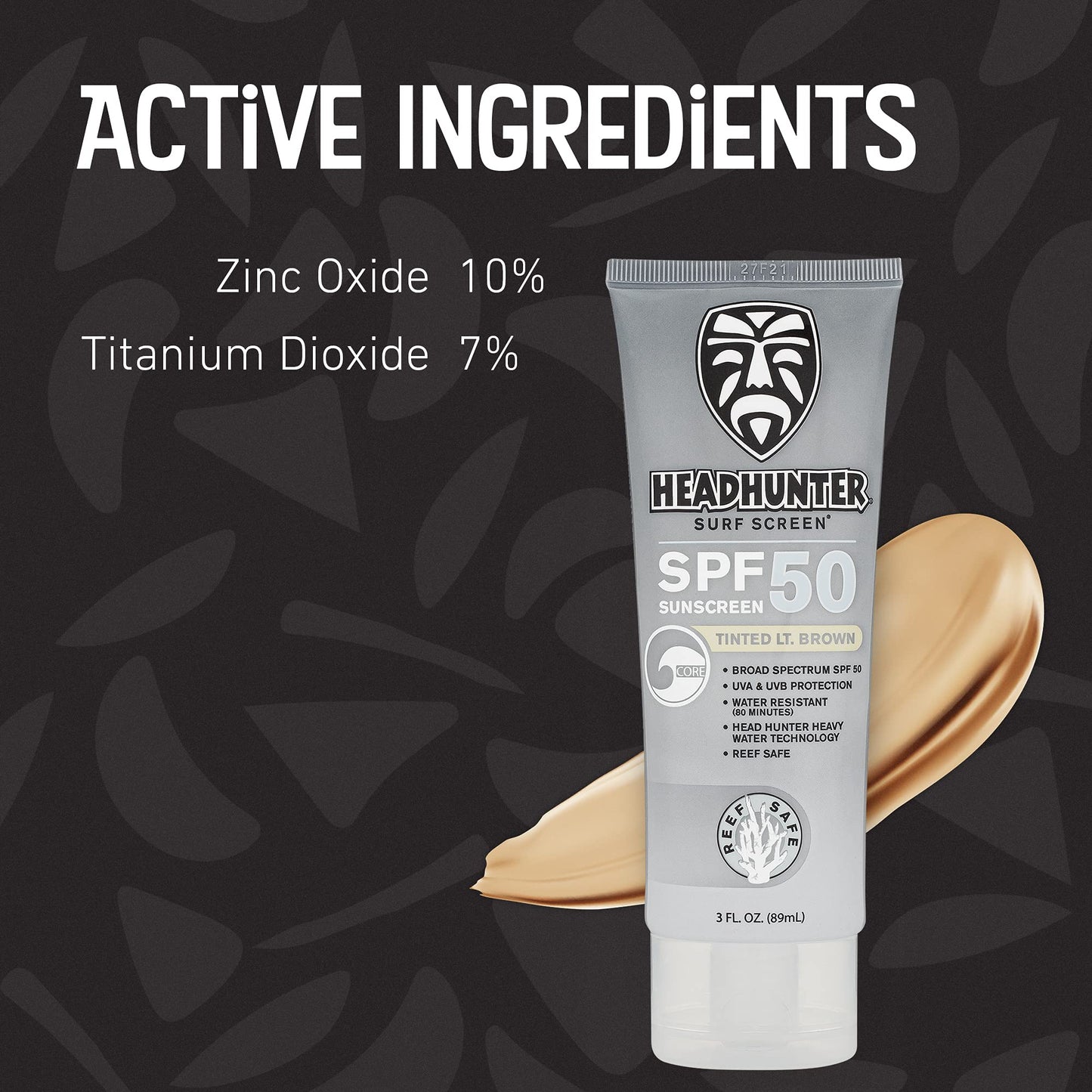 Headhunter Heavy Duty Reef Safe Sunscreen SPF 50 for Surfing - Natural Mineral Sunscreen Face Cream - Broad Spectrum UVA/UVB Safe, Skin Defense Against Damage - Tinted Light Brown Formula (1 Pack)