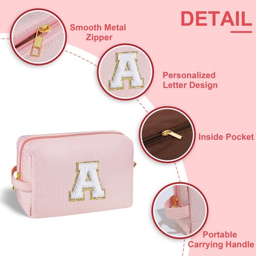 YOOLIFE Birthday Gifts for Girls Teen Girls, Travel Cute Makeup Bag Make Up Bag Cosmetic Bags for Women Preppy Makeup Bag, Stocking Stuffers for Girls Women Teen Girlfriend Mom Sister Pink Initial A