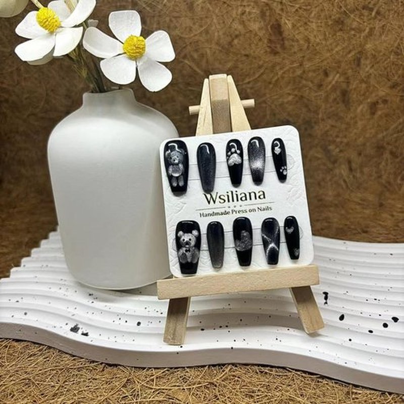 Wsliana Nails Handmade Press On Nail.Magnetic Press On Nail Medium Coffin Acrylic Fake Nails with Charm Cute Design,Reusable Glue On Nail for Woman Gift,Set of 10pcs Hand Painted False Nail Art(011 S)