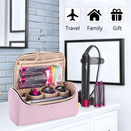Yarwo Travel Case Compatible for Dyson Airwrap Complete Styler and Attachments, Portable Storage Bag with Hanging Hook for Hair Curler Accessories, Pink (Patent Design)