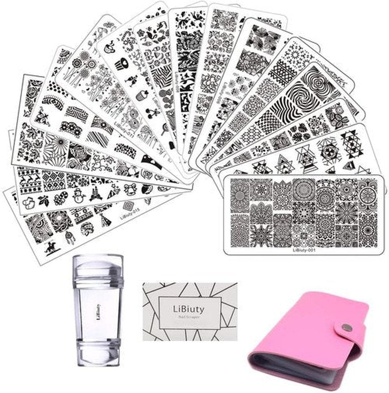 LiBiuty 15Pcs Nail Stamp Plates set 1 Stamper 1Scraper 1Storage Bag Nail Templates Lace Flower Geometric Animal Pattern Nail Art Plate Scraper Stamper Set