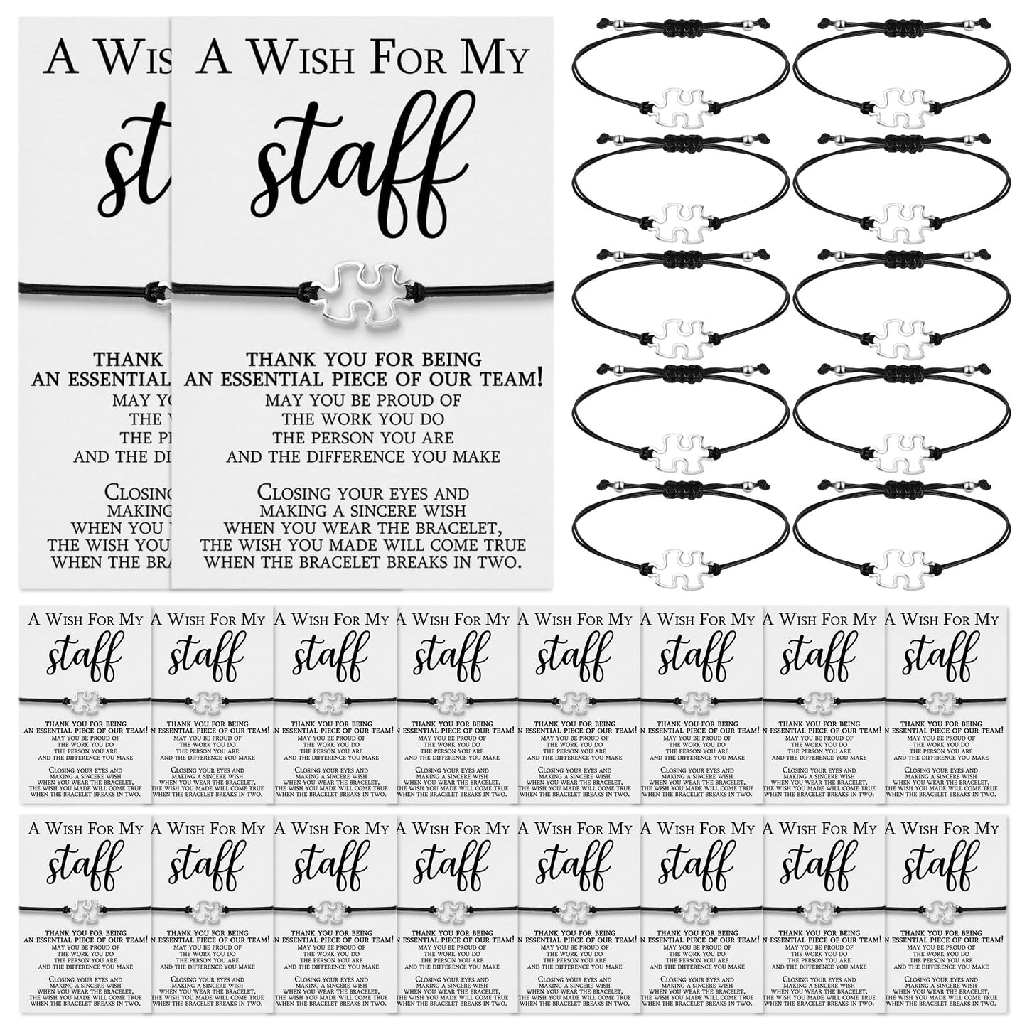 Huquary 20 Sets Staff Appreciation Gifts Cna Week Gifts Bulk 2026 Team Puzzle Piece Bracelet Bulk with Thank You Postcard a Wish for My Staff Inspirational Favors for Nurse, Coworkers, Students