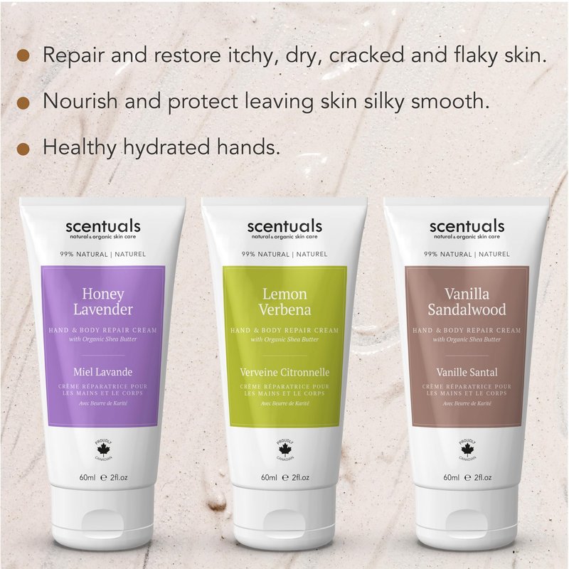 Scentuals Hand Cream Set of 3, with Shea Butter, Cocoa Butter, Argan & Almond oil, Moisturizing Dry Hands, (Lemon Verbena, Honey Lavender, Vanilla Sandalwood) 60 ml (2 fl.oz. x 3)