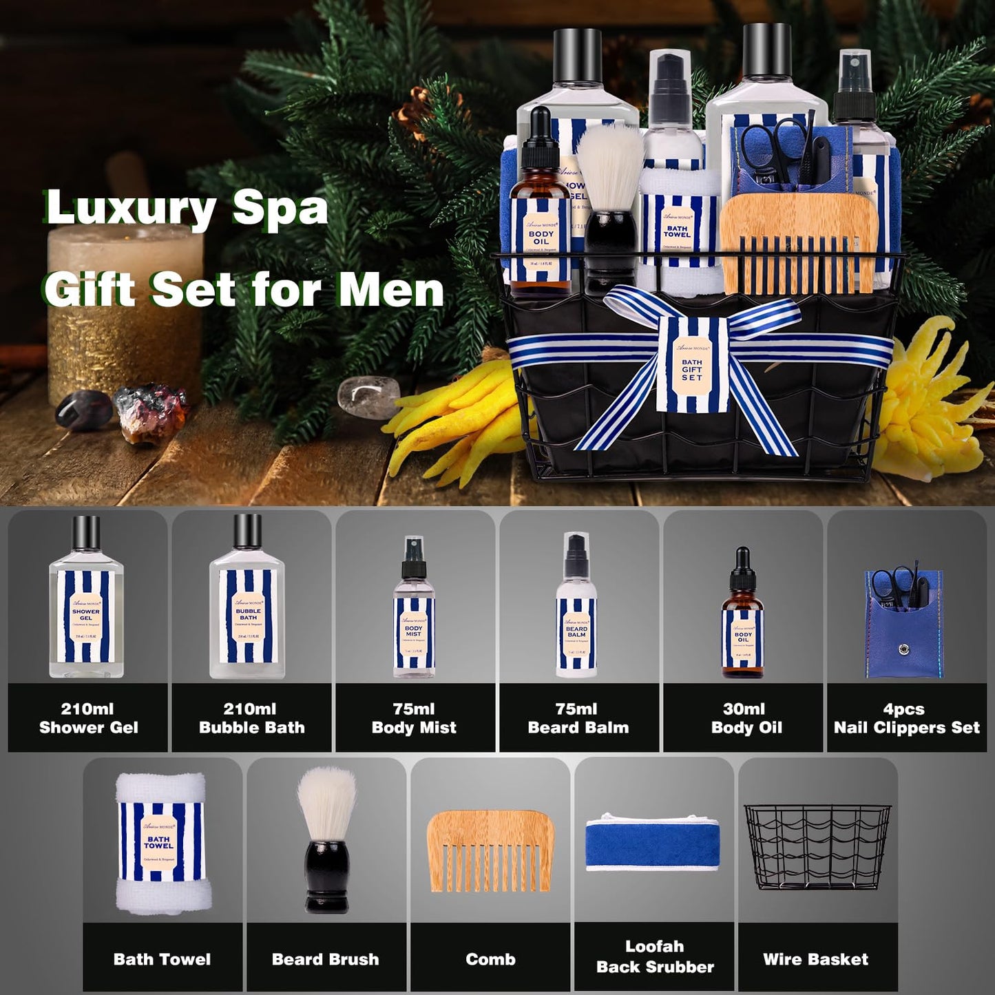 Fathers Gifts for Men Dad Bath and Body Gift Sets for Men with 10 Pcs Cedar & Bergamot Spa Gifts Set, Bath Gift Set Includes Beard Balm, Bubble Bath.Perfect Relaxation Spa Gift Basket for Men